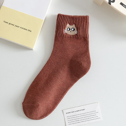 Cat Embroidered Socks - Busy Ferns